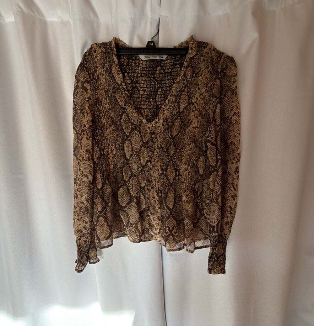 Zara Snakeskin Print Blouse Size S V-Neck Long Sleeve
